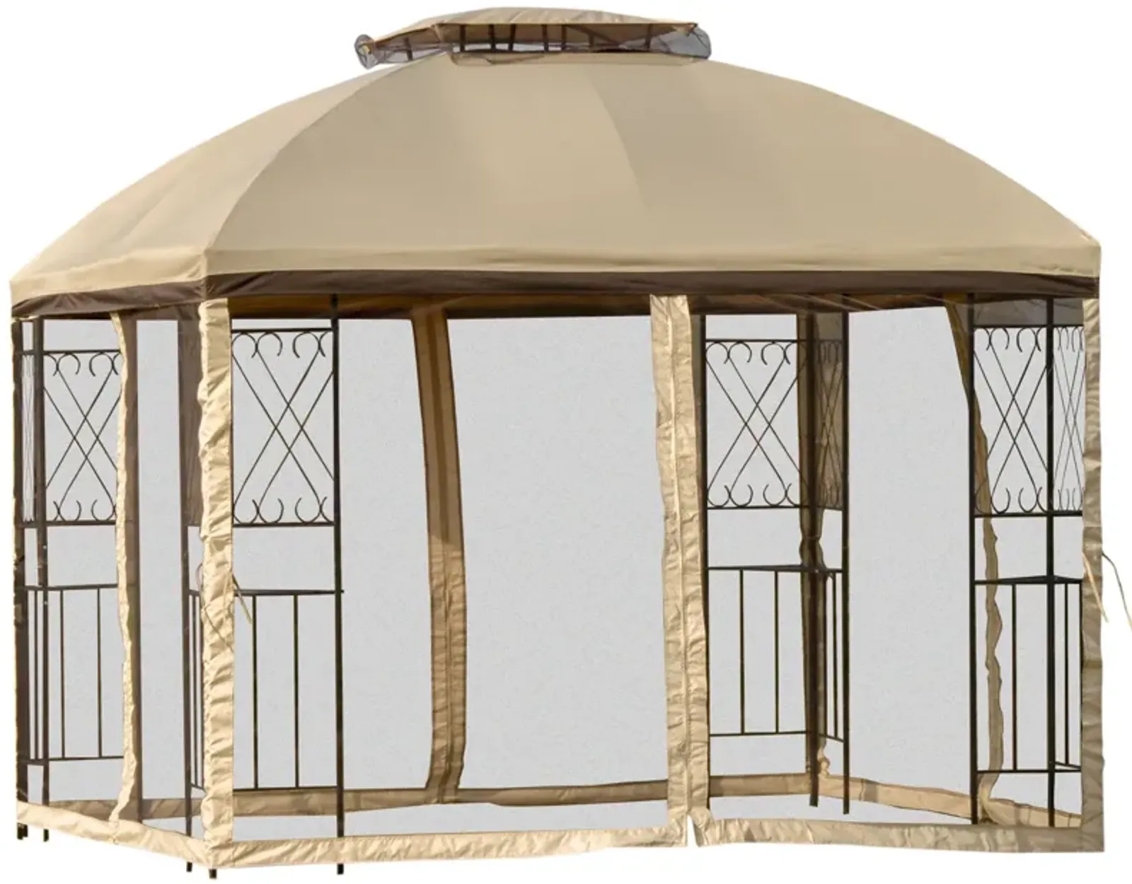 Beige Outdoor Haven: 10'x10' Gazebo with Double Tier Roof and Shelves