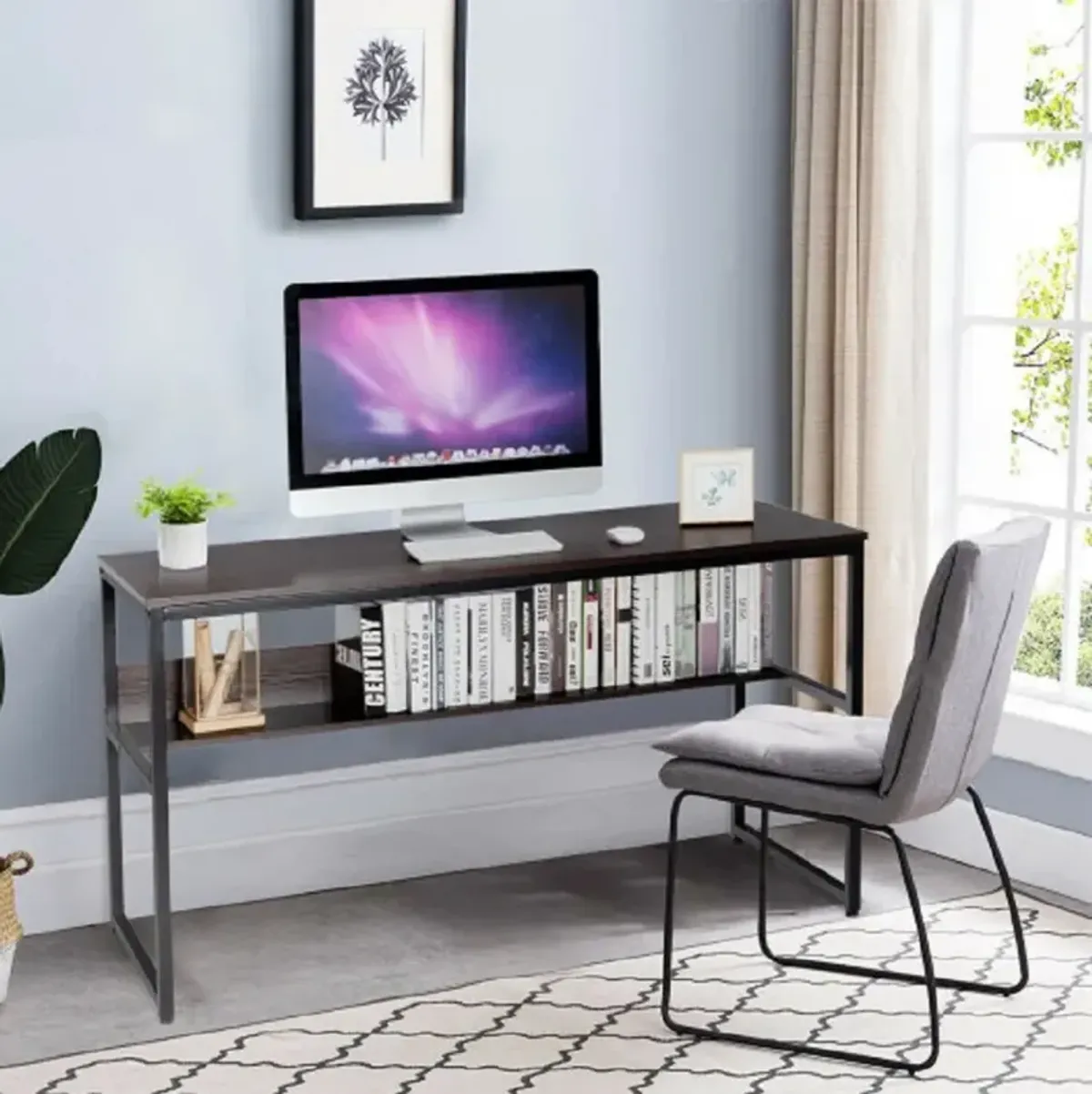 55-Inch Computer Desk Writing Table Workstation Home Office with Bookshelf