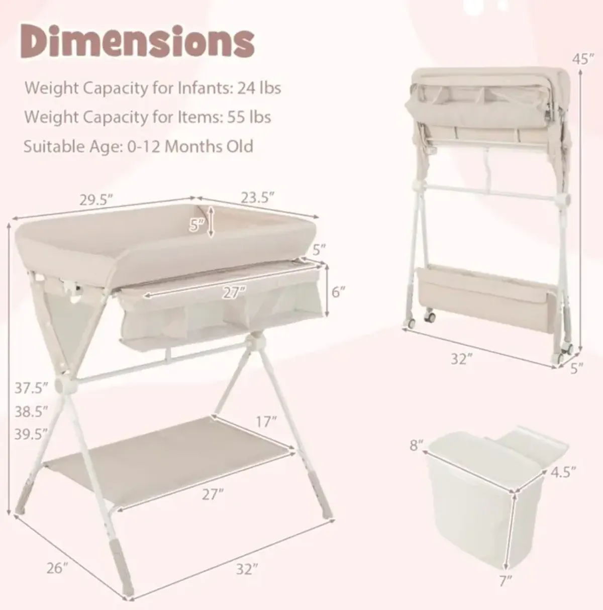 Portable Baby Changing Table with 3-Level Adjustable Height