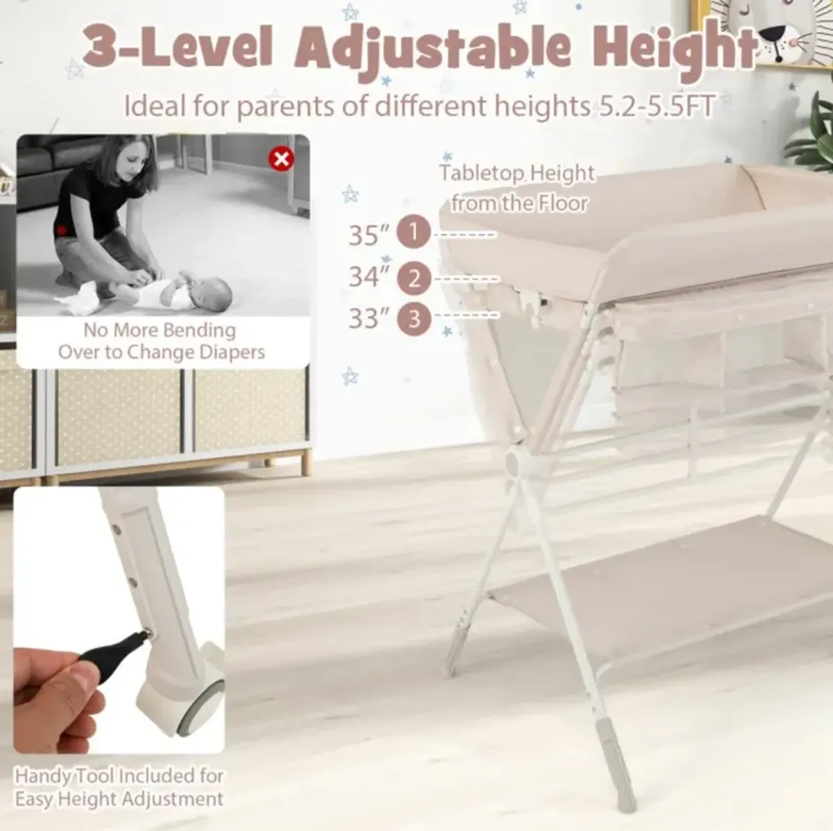 Portable Baby Changing Table with 3-Level Adjustable Height