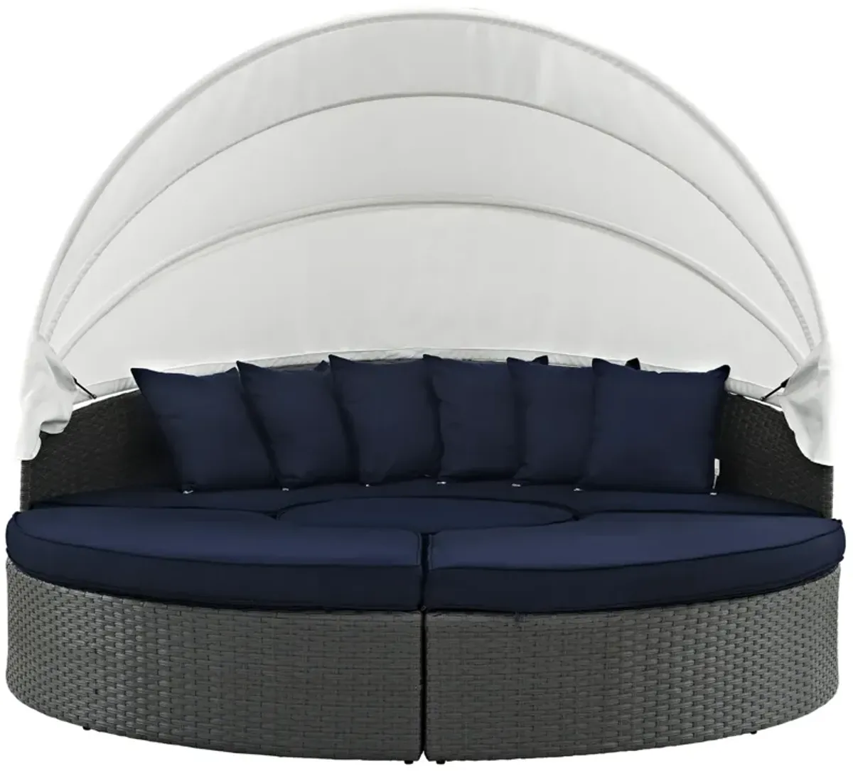 Sojourn Outdoor Patio Furniture Collection - Sectional Sofa Daybed with Retractable Canopy, Sunbrella Fabric Cushions, Synthetic Rattan Weave, UV Protection, Aluminum Frame - Perfect for Patio, Backyard, Poolside. Includes Bed, Coffee Table, Ottomans.