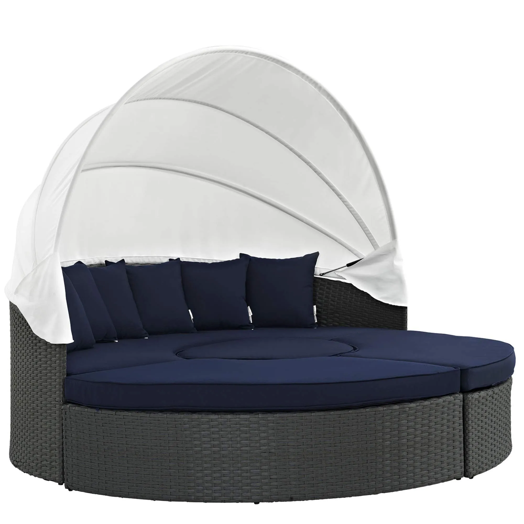 Sojourn Outdoor Patio Furniture Collection - Sectional Sofa Daybed with Retractable Canopy, Sunbrella Fabric Cushions, Synthetic Rattan Weave, UV Protection, Aluminum Frame - Perfect for Patio, Backyard, Poolside. Includes Bed, Coffee Table, Ottomans.