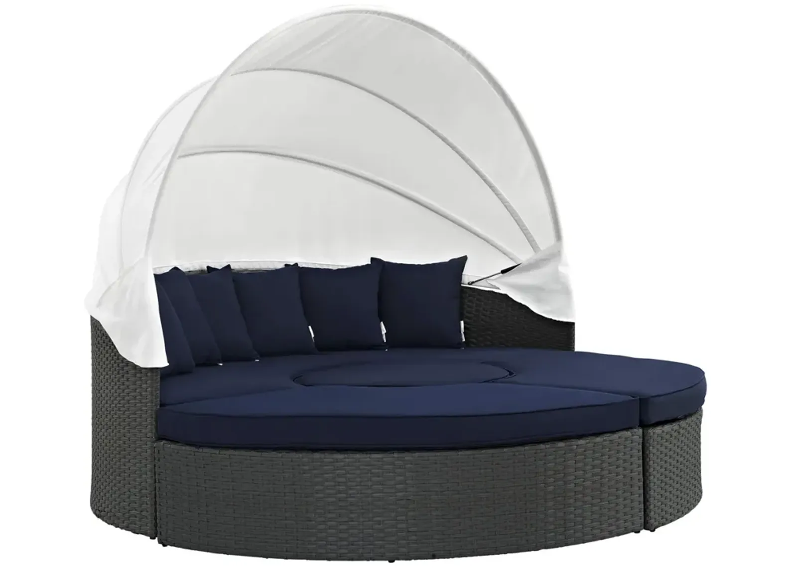 Sojourn Outdoor Patio Furniture Collection - Sectional Sofa Daybed with Retractable Canopy, Sunbrella Fabric Cushions, Synthetic Rattan Weave, UV Protection, Aluminum Frame - Perfect for Patio, Backyard, Poolside. Includes Bed, Coffee Table, Ottomans.