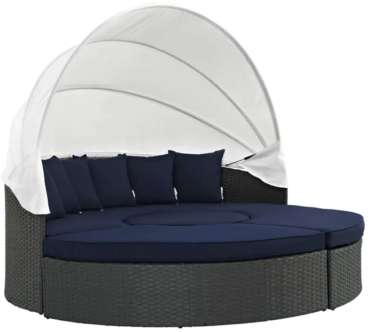 Sojourn Outdoor Patio Furniture Collection - Sectional Sofa Daybed with Retractable Canopy, Sunbrella Fabric Cushions, Synthetic Rattan Weave, UV Protection, Aluminum Frame - Perfect for Patio, Backyard, Poolside. Includes Bed, Coffee Table, Ottomans.