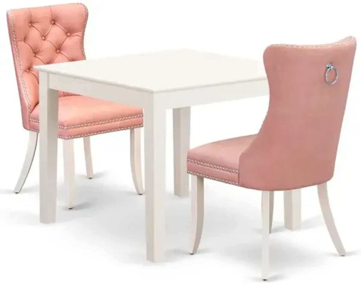 East West Furniture Oxford 3 Piece Dining Room Set Includes a Square Kitchen Table and 2 Upholstered Parson Chairs, 36x36 Inch, Linen White