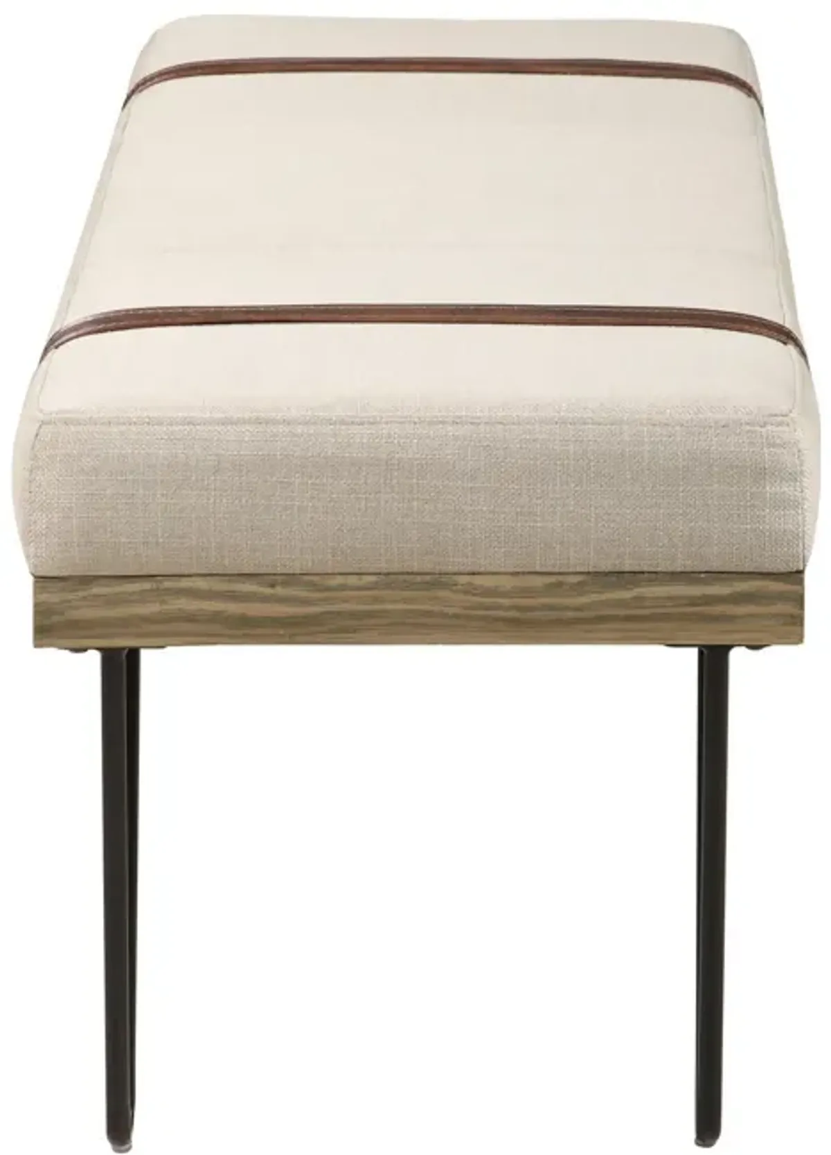 47 Inch Accent Bench, Faux Leather Straps, Black Hairpin Legs, Beige Fabric-Benzara