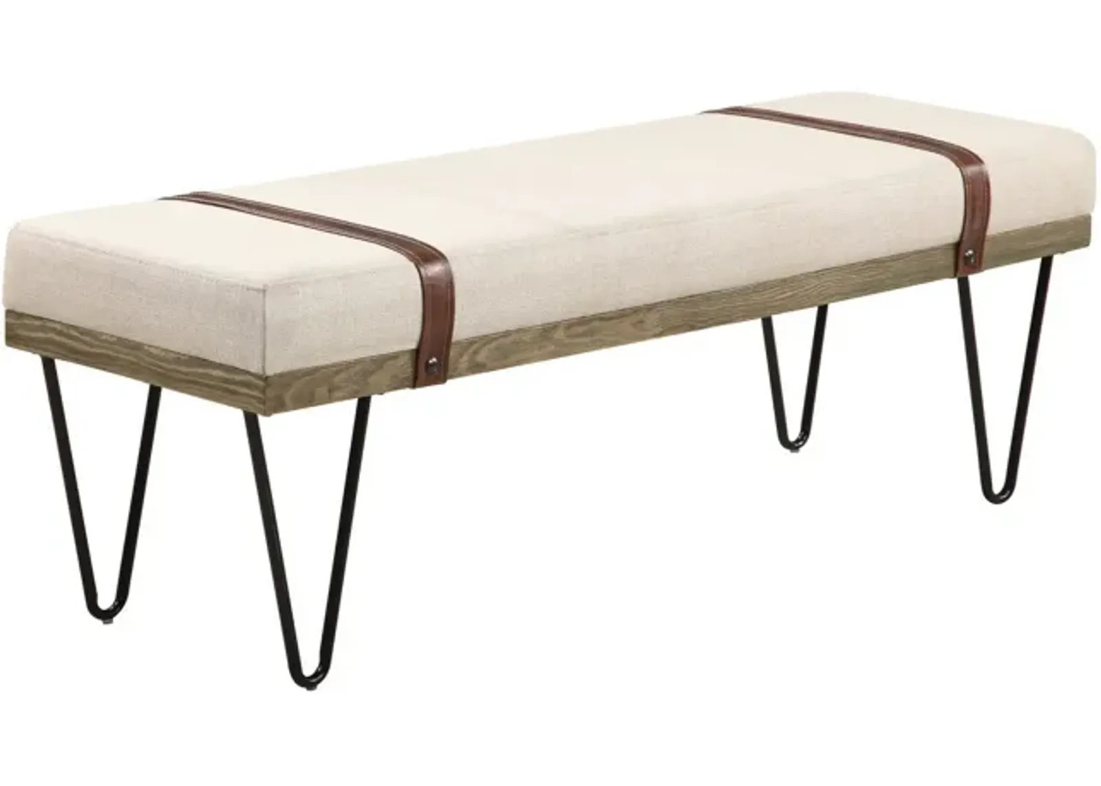 47 Inch Accent Bench, Faux Leather Straps, Black Hairpin Legs, Beige Fabric-Benzara