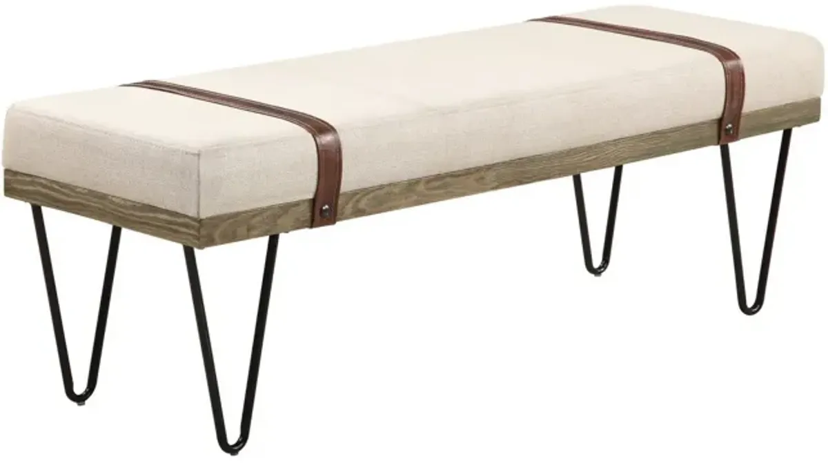 47 Inch Accent Bench, Faux Leather Straps, Black Hairpin Legs, Beige Fabric-Benzara