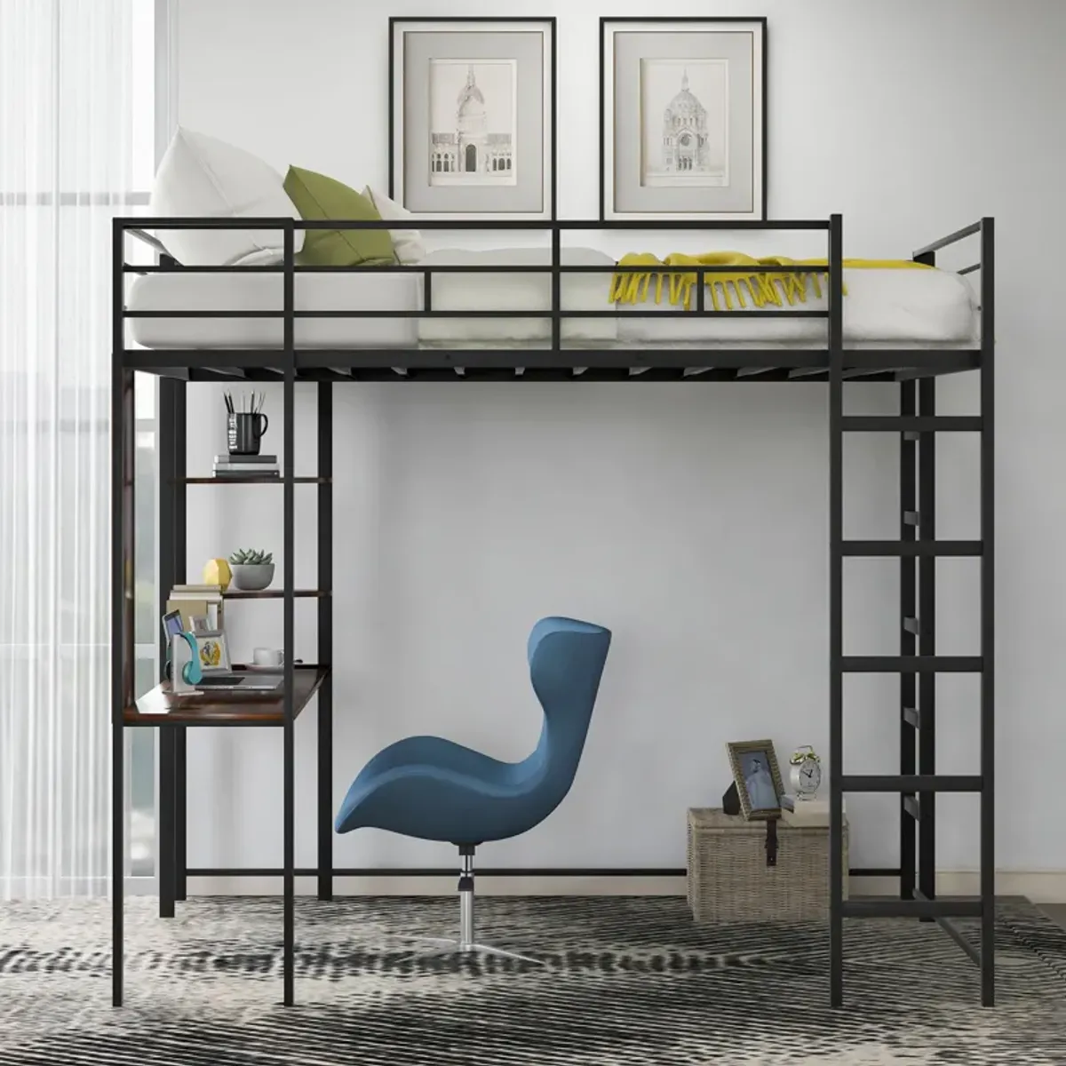 Merax Metal Loft Bed with 2 Shelves and 1 Desk