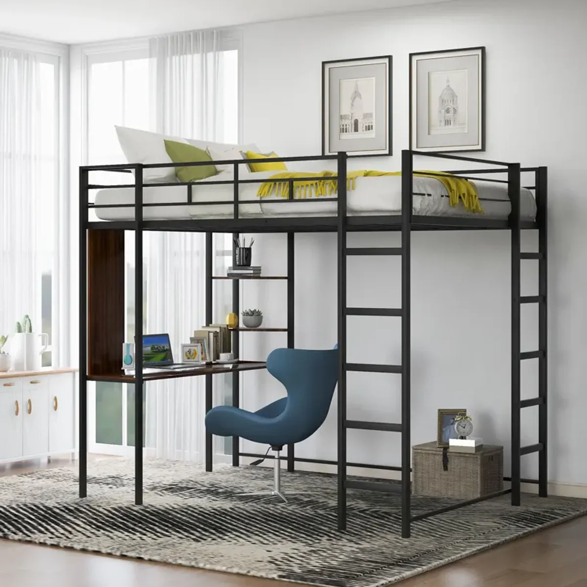 Merax Metal Loft Bed with 2 Shelves and 1 Desk