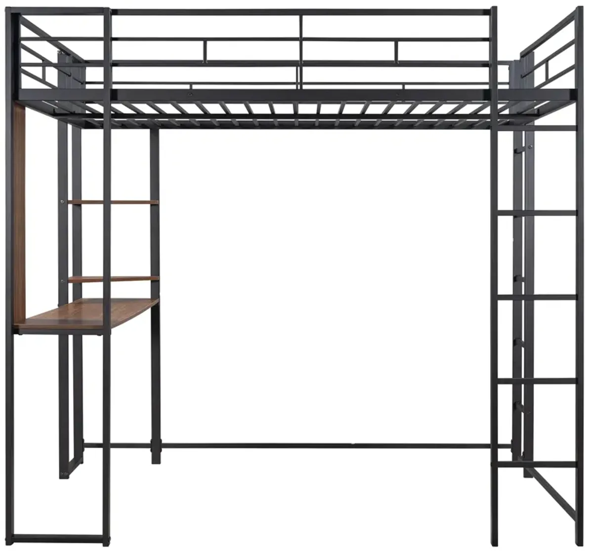 Merax Metal Loft Bed with 2 Shelves and 1 Desk