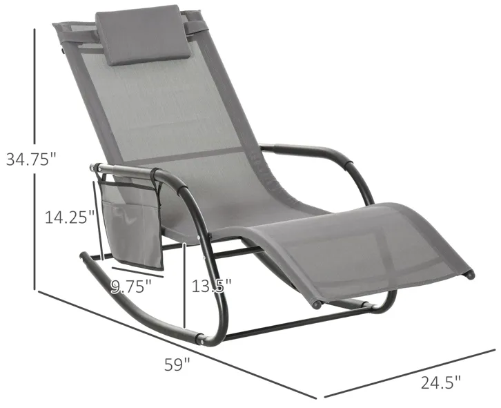 Outdoor Rocking Chair, Patio Sling Sun Lounger, Pocket, Recliner Rocker, Lounge Chair with Detachable Pillow for Deck, Garden or Pool, Grey