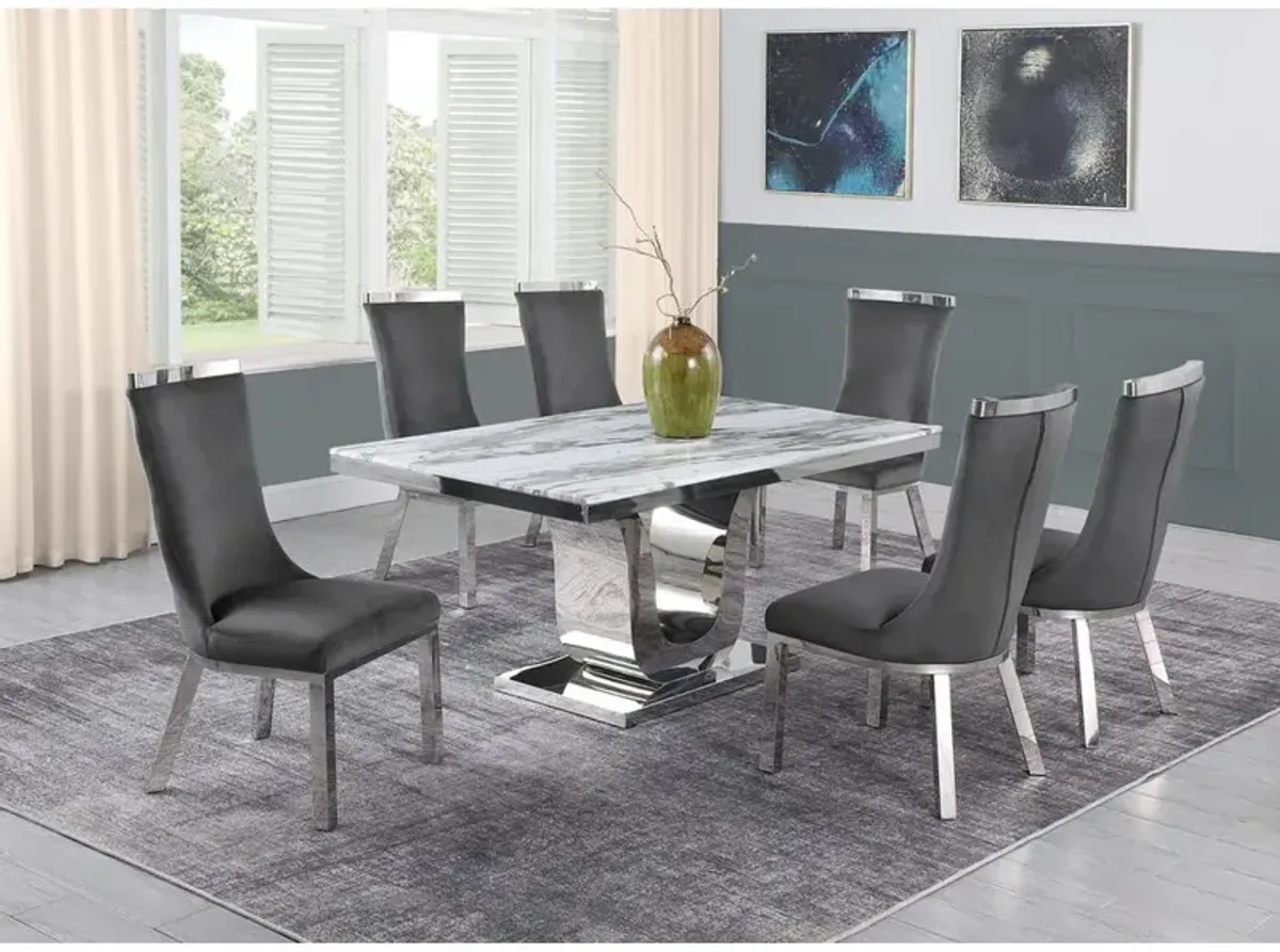 7pc dining set- Recatngle Marble table with a U shape base and 6 side chairs in Dark Grey