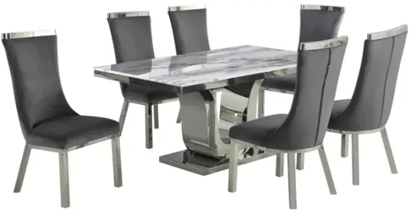 7pc dining set- Recatngle Marble table with a U shape base and 6 side chairs in Dark Grey