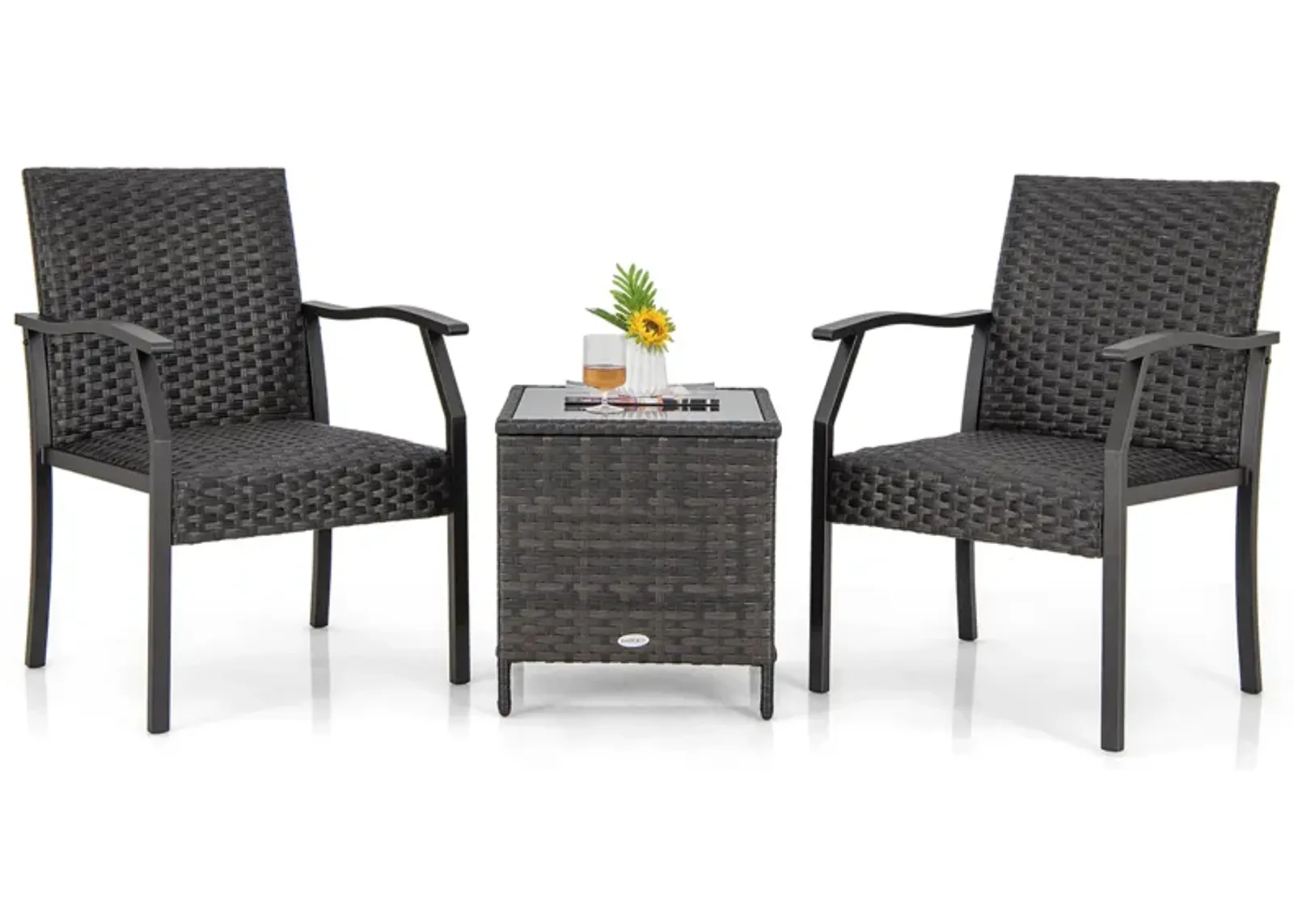 3 Piece Patio Wicker Chair Set with Quick Dry Foam Cushions