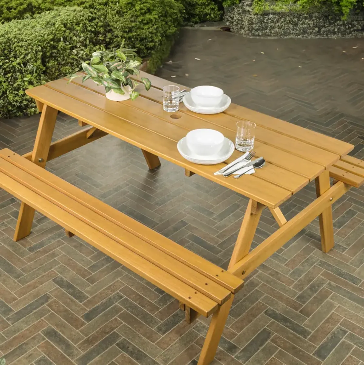 Shoreham Modern Classic Outdoor Wood Picnic Table Benches with Umbrella Hole