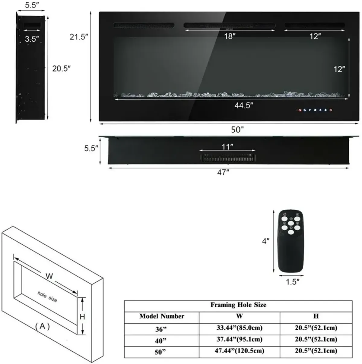 50 Inch Recessed Electric Insert Wall Mounted Fireplace with Adjustable Brightness