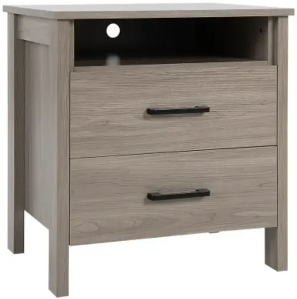 Modern Wood Grain Nightstand with Cable Hole and Open Compartment