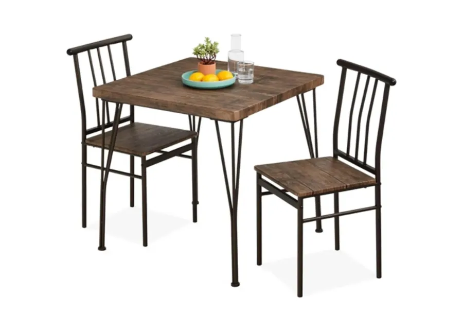 3 Piece Black Metal Frame Dining Set with Dark Brown Wood Top Table and 2 Chairs