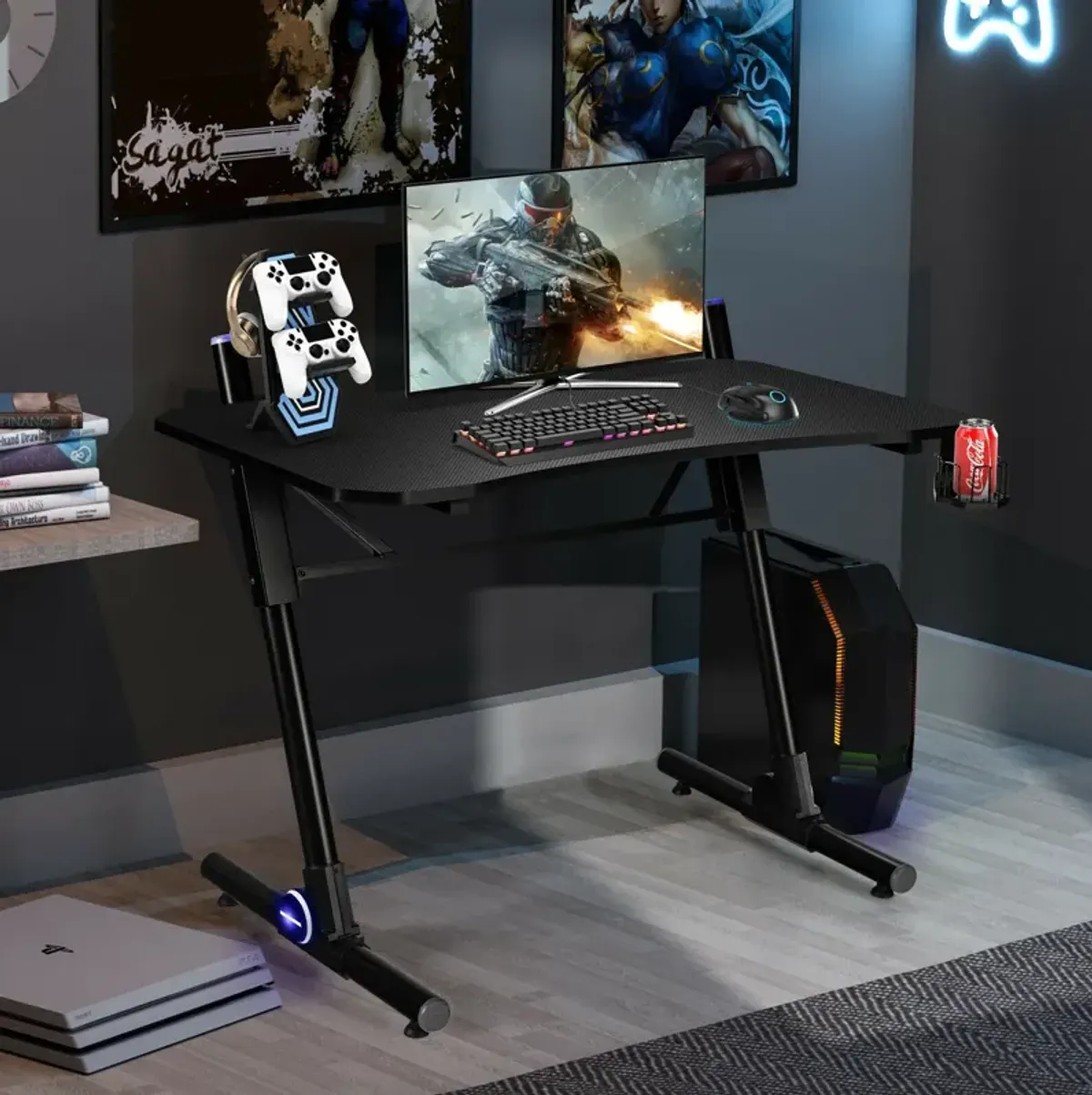 43.5 Inch Height Adjustable Gaming Desk with Blue LED Lights