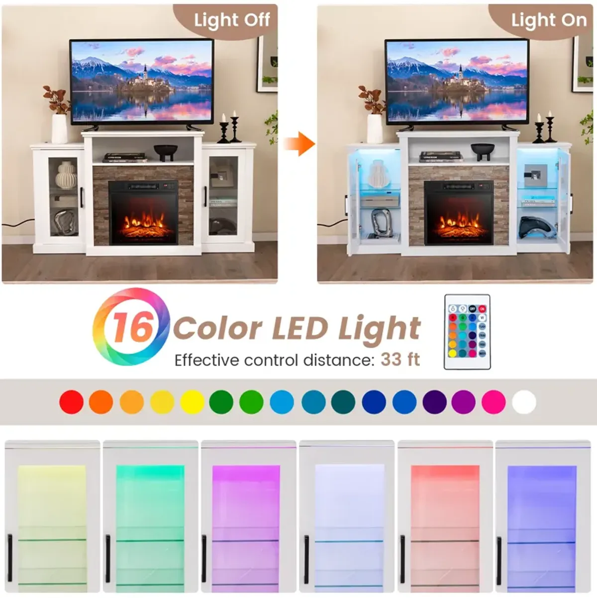 LED Fireplace TV Stand with 16-Color Lights for TVs up to 65 Inches