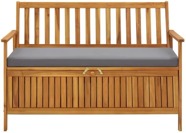 Outdoor Storage Bench, Brown Solid Acacia Wood, Gray Fabric, 47 Inch - Benzara