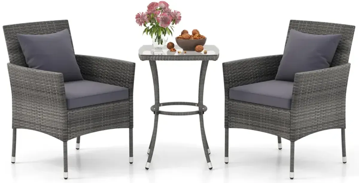 3 Pieces Patio Furniture Set with Cushioned Patio Chairs and Tempered Glass Coffee Table-Gray