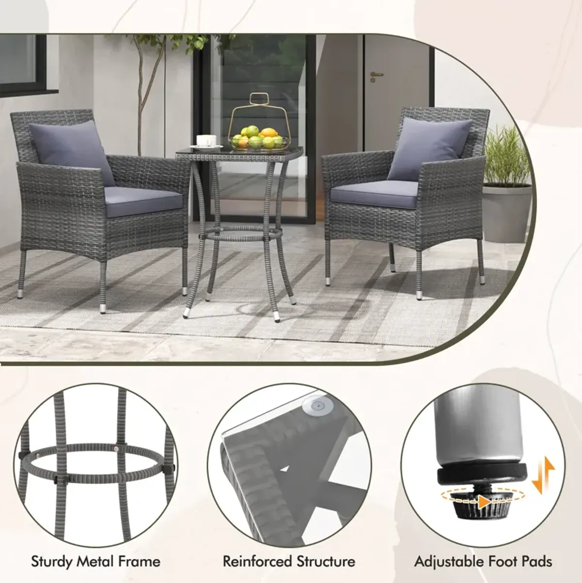 3 Pieces Patio Furniture Set with Cushioned Patio Chairs and Tempered Glass Coffee Table-Gray