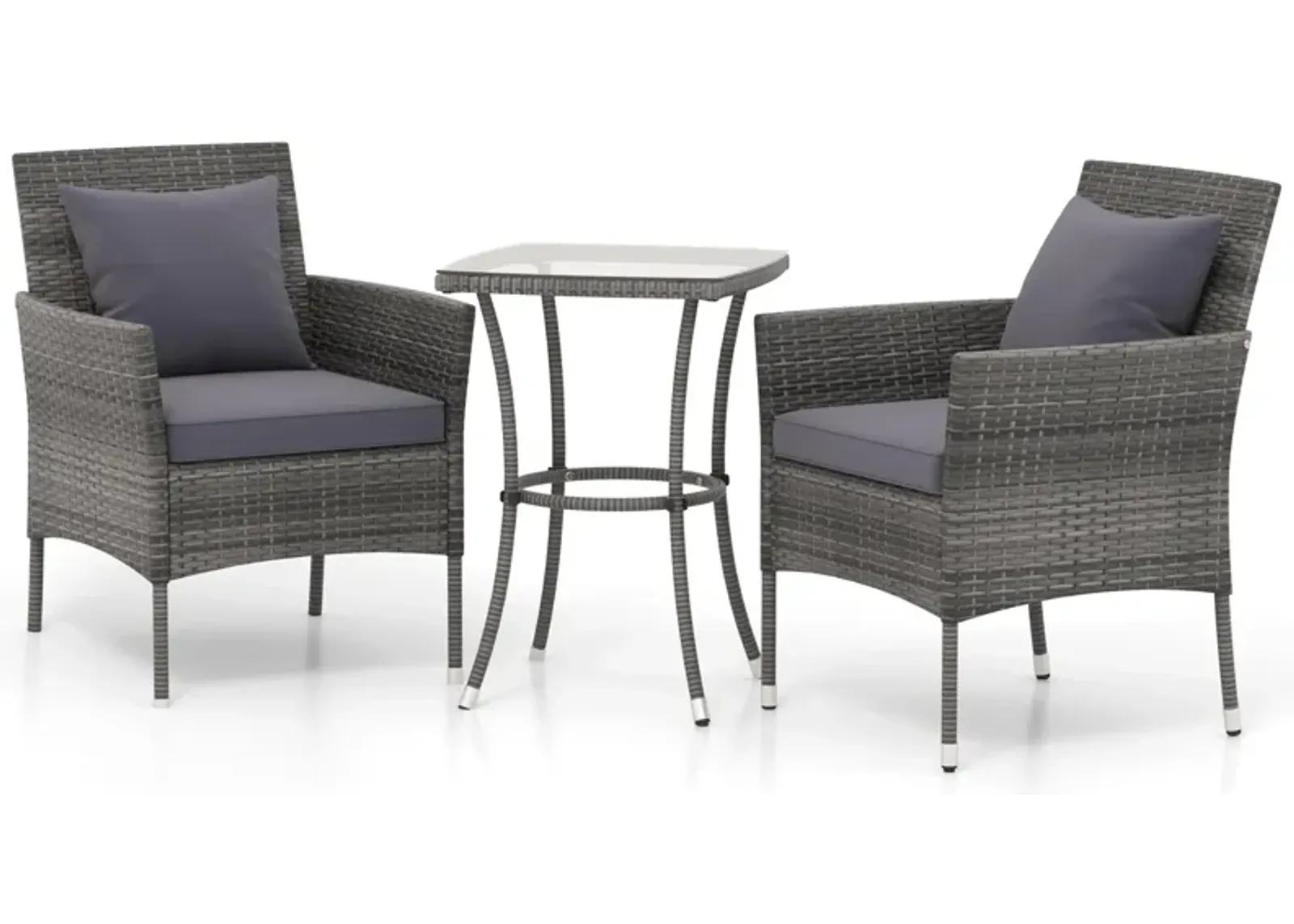 3 Pieces Patio Furniture Set with Cushioned Patio Chairs and Tempered Glass Coffee Table-Gray