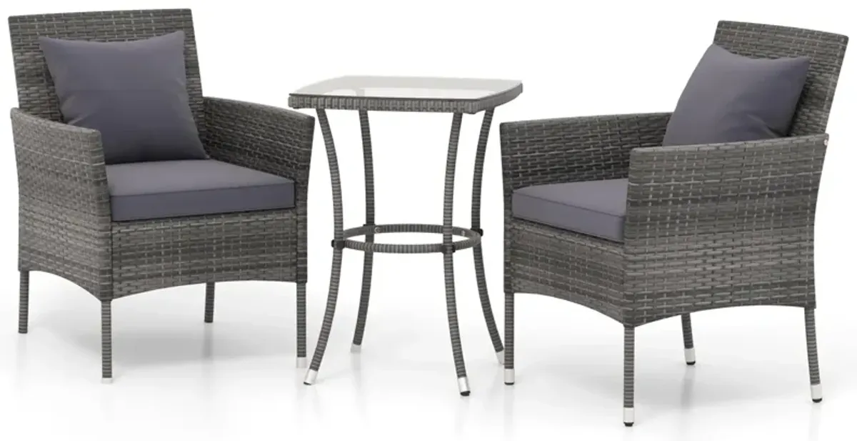 3 Pieces Patio Furniture Set with Cushioned Patio Chairs and Tempered Glass Coffee Table-Gray