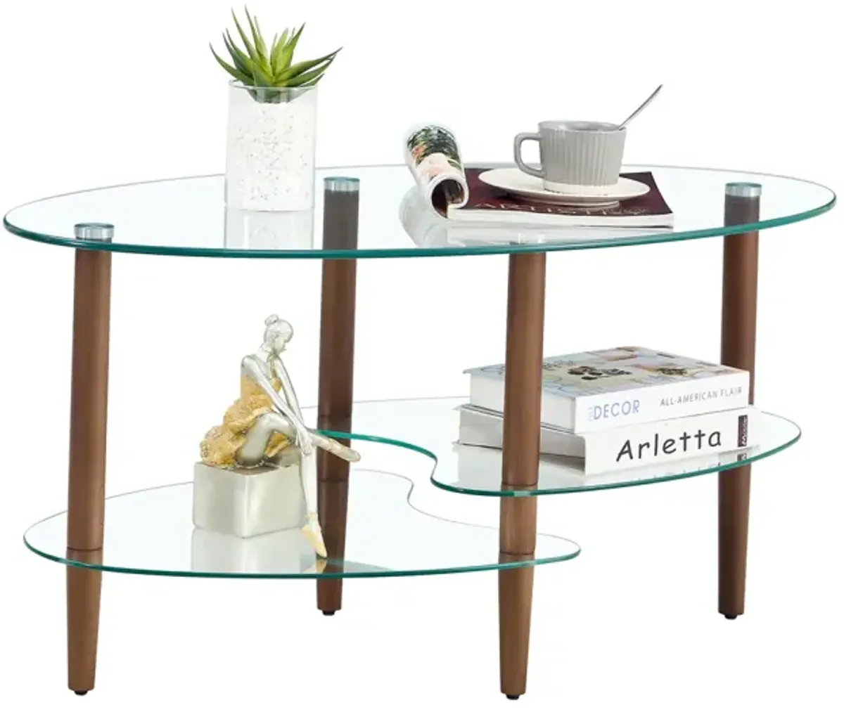 Modern Oval Glass Coffee Table with Oak Wood Legs