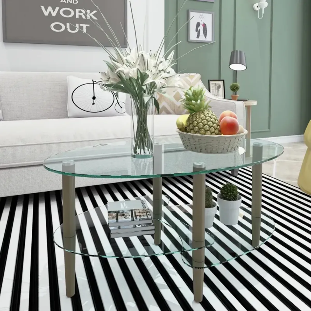 Modern Oval Glass Coffee Table with Oak Wood Legs