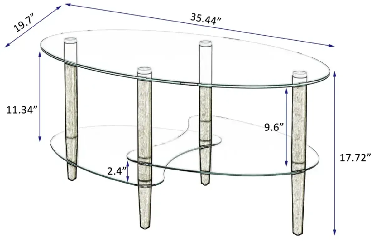 Modern Oval Glass Coffee Table with Oak Wood Legs