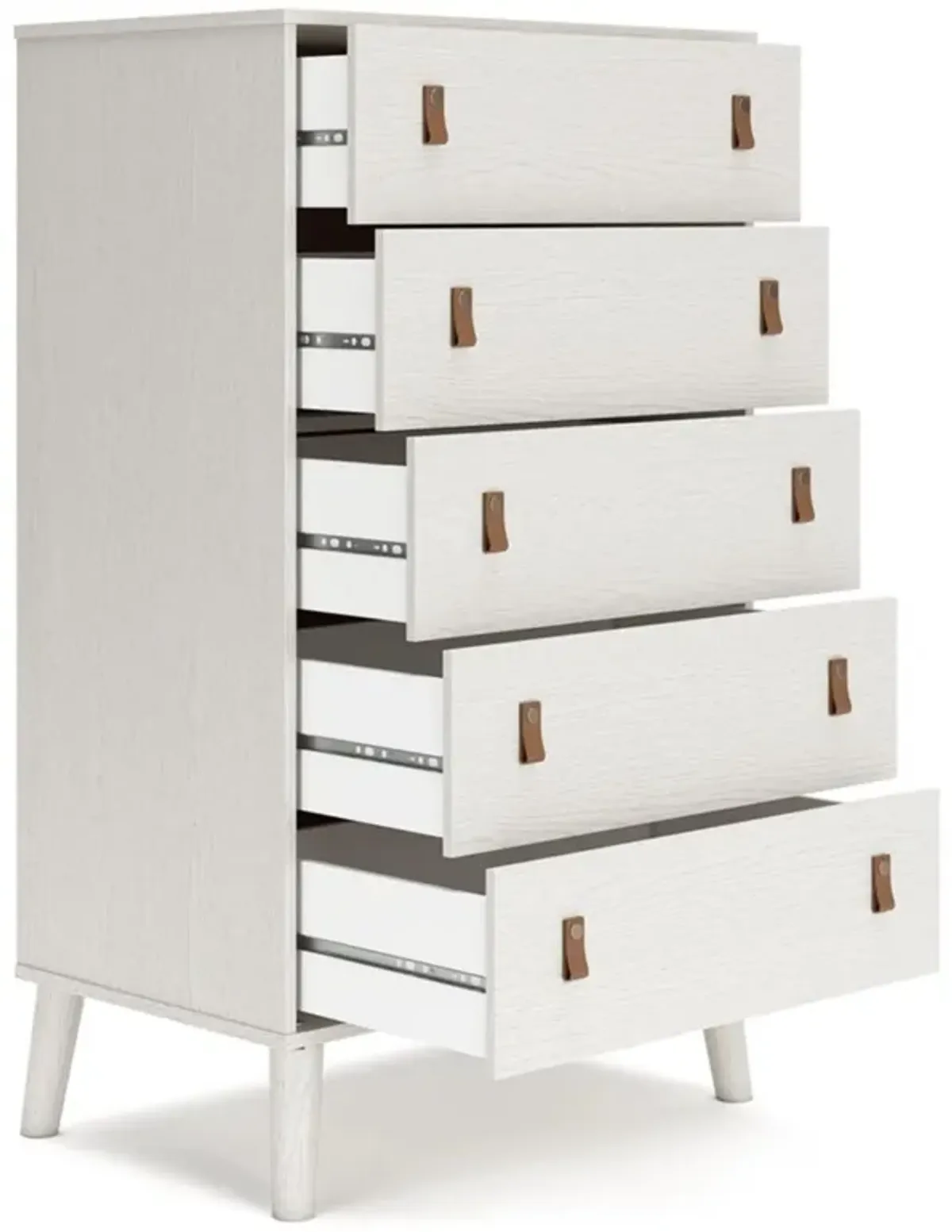 Benjara Nina 51 Inch 5 Drawer Tall Dresser Chest, Faux Leather Handles, White, Brown