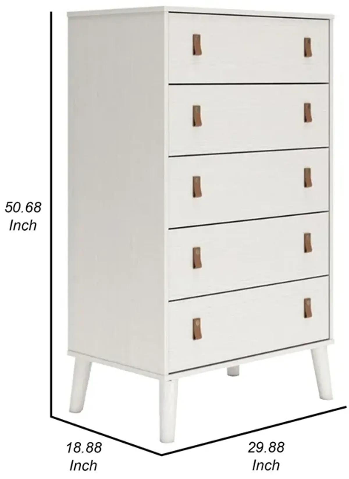 Benjara Nina 51 Inch 5 Drawer Tall Dresser Chest, Faux Leather Handles, White, Brown