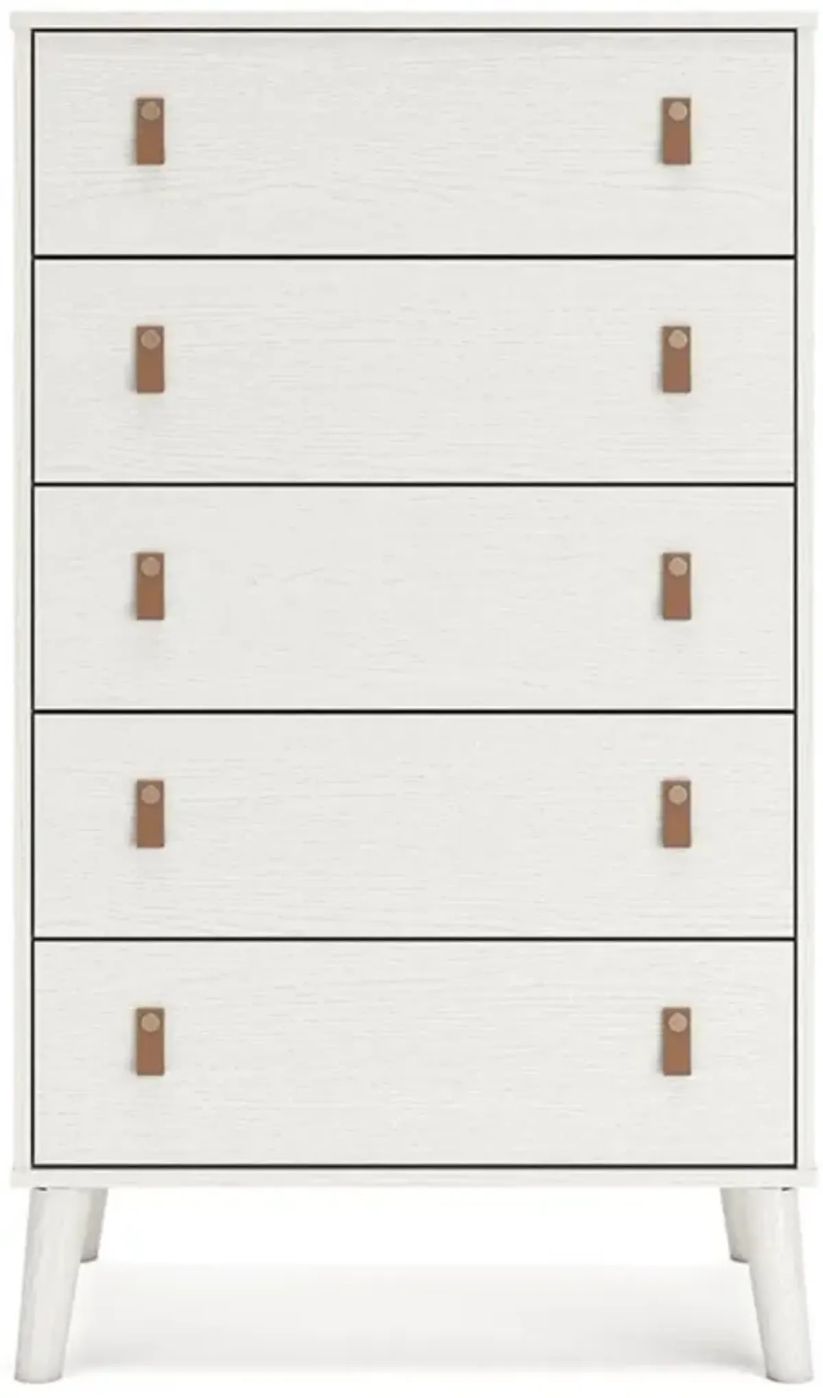 Benjara Nina 51 Inch 5 Drawer Tall Dresser Chest, Faux Leather Handles, White, Brown