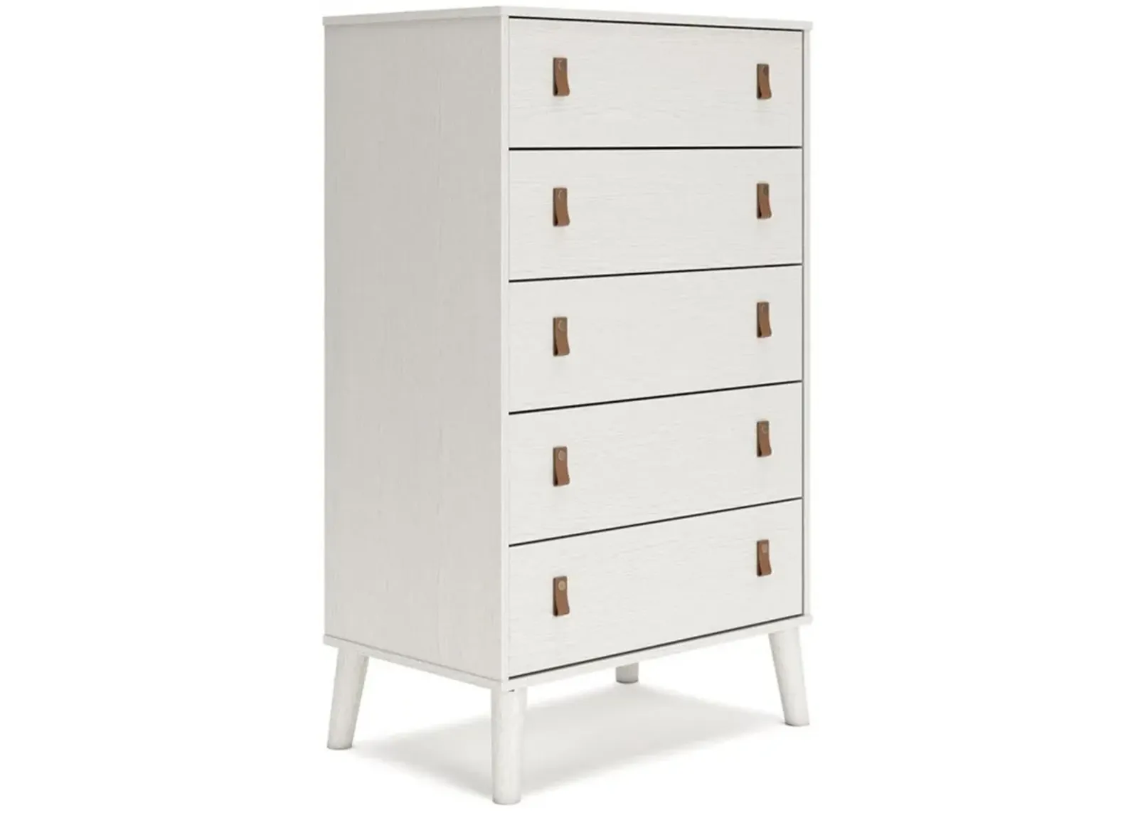 Benjara Nina 51 Inch 5 Drawer Tall Dresser Chest, Faux Leather Handles, White, Brown