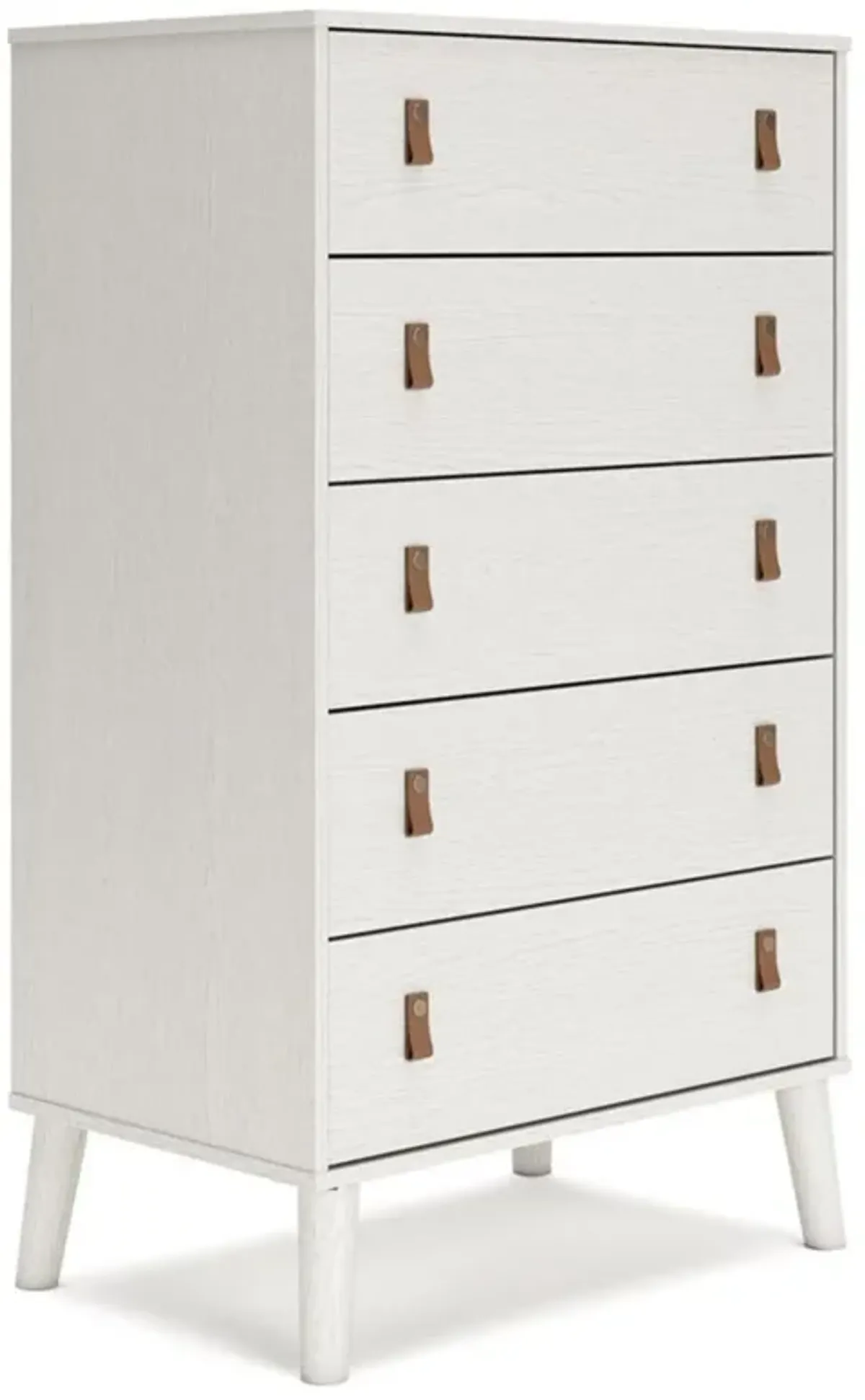 Benjara Nina 51 Inch 5 Drawer Tall Dresser Chest, Faux Leather Handles, White, Brown