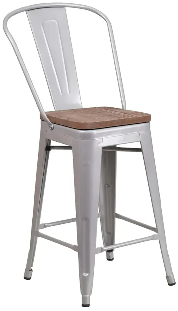 Flash Furniture Lily 24" High Silver Metal Counter Height Stool with Back and Wood Seat