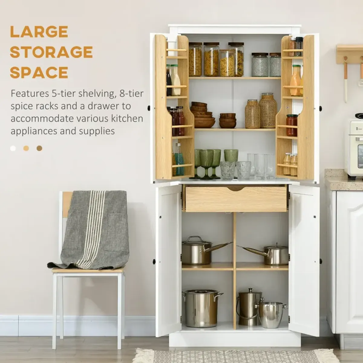 Modern 72" Kitchen Pantry: 4-Door, 5-Tier Shelves, 8 Spice Racks, White