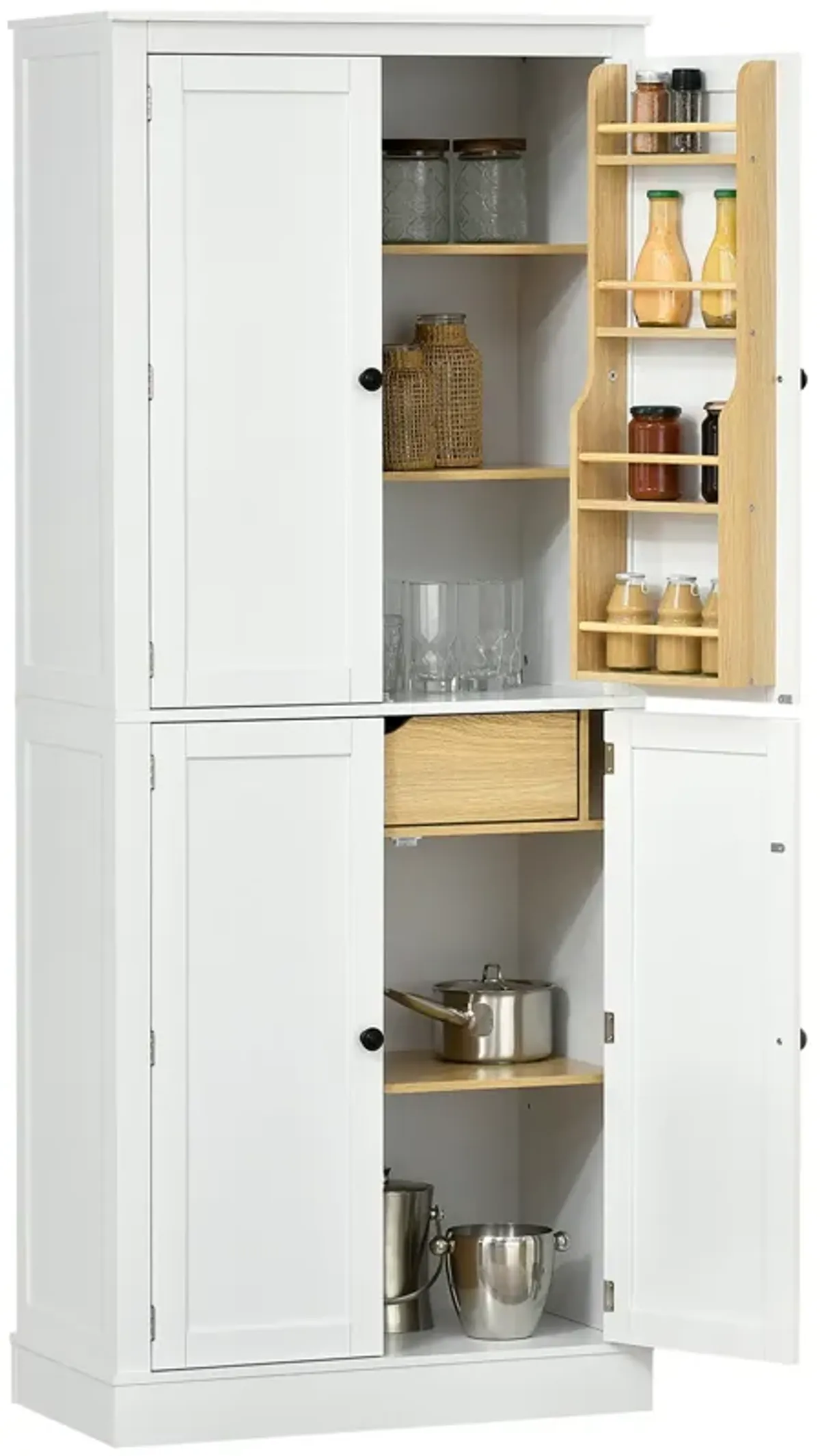 Modern 72" Kitchen Pantry: 4-Door, 5-Tier Shelves, 8 Spice Racks, White