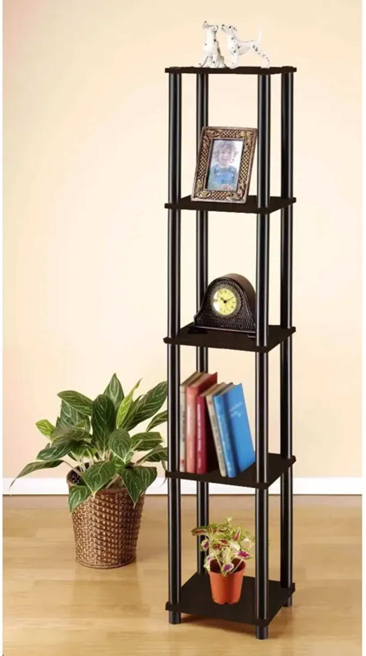 Hivvago 5-Tier Square Corner Display Shelf Bookcase in Espresso/Black