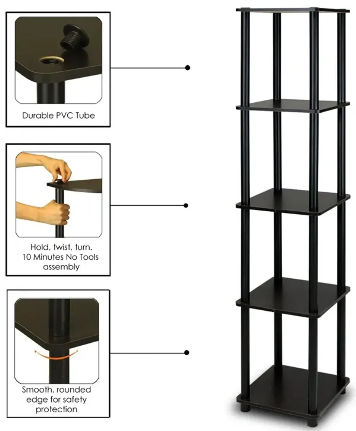 Hivvago 5-Tier Square Corner Display Shelf Bookcase in Espresso/Black