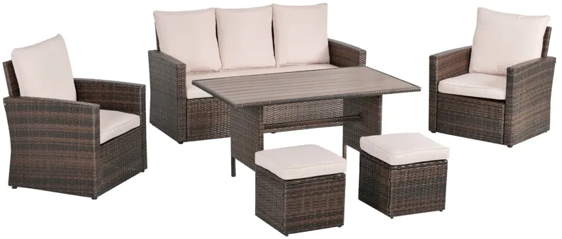 6 PCS Patio Dining Set All Weather Rattan Wicker Furniture Set with Wood Grain Top Table and Soft Cushions, Beige