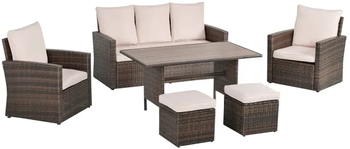 Beige Outdoor Dining: 6-Piece Rattan Wicker Set with Cushions