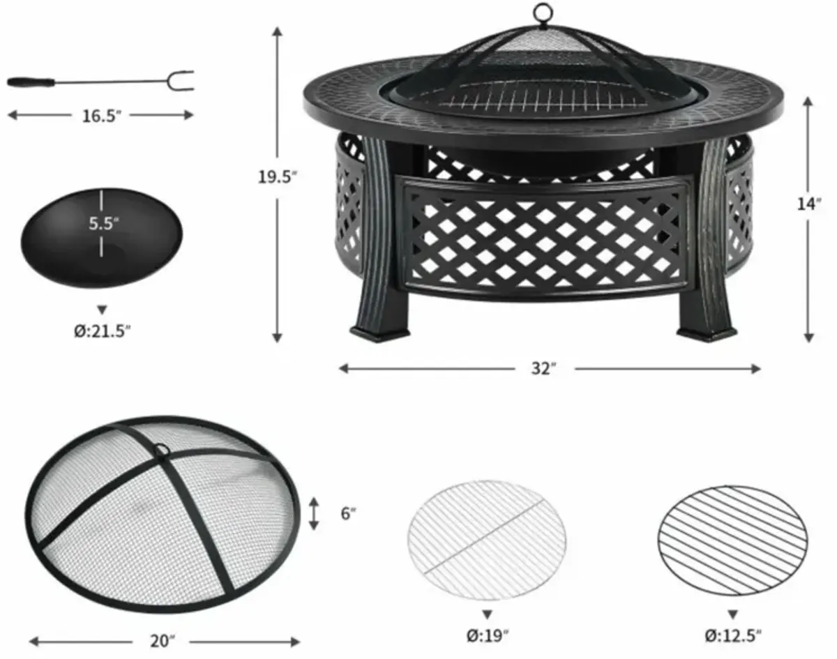 Hivvago Rustic Steel Outdoor Fire Pit with BBQ Grill with Poker and Mesh Cover