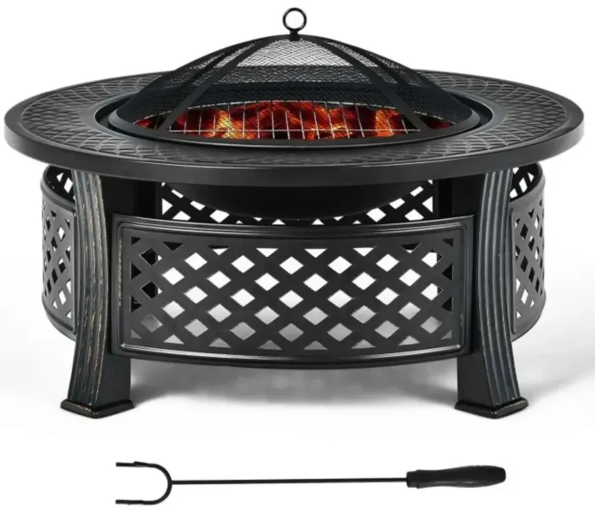 Hivvago Rustic Steel Outdoor Fire Pit with BBQ Grill with Poker and Mesh Cover