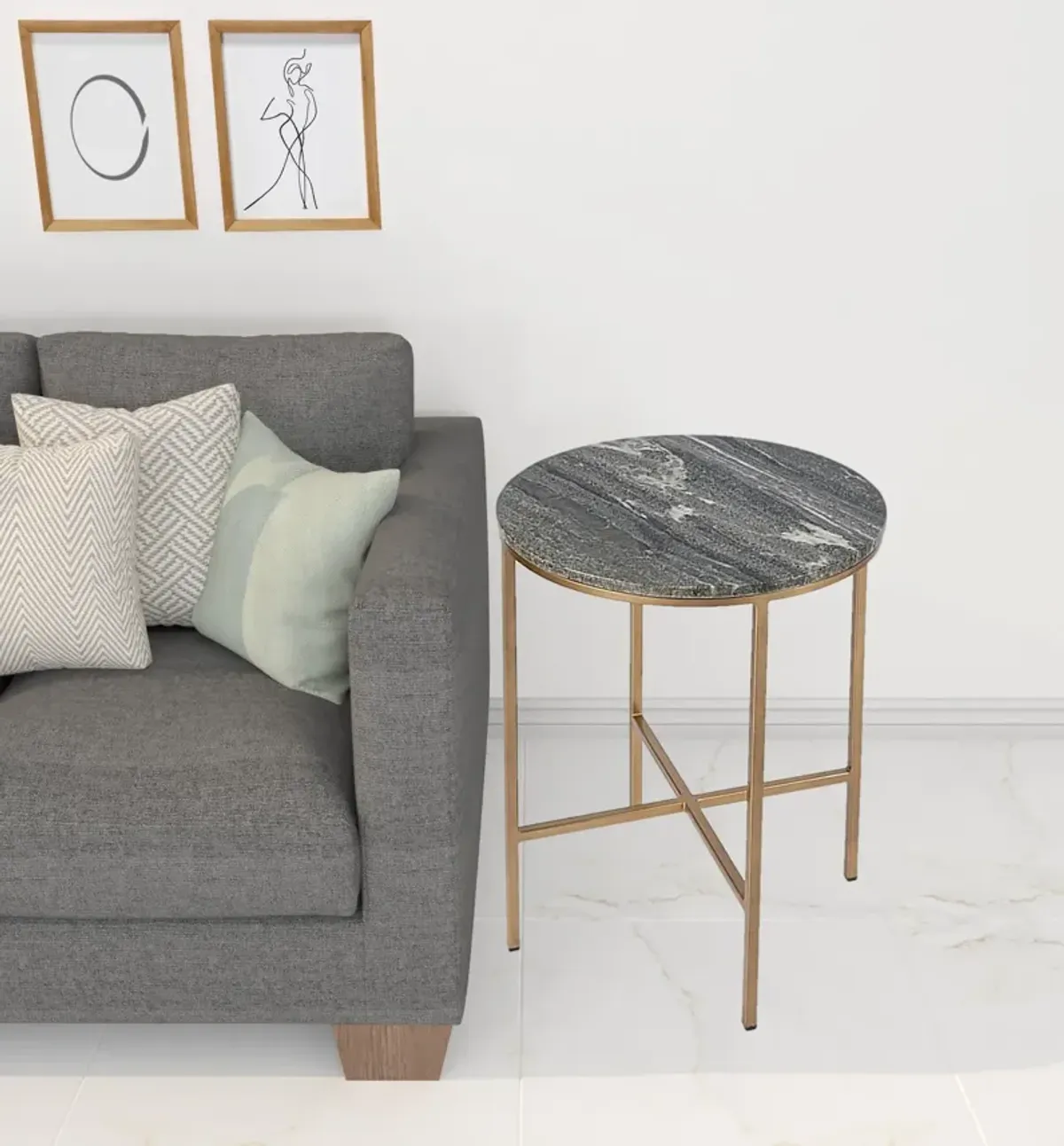 Hivvago 23 Inch Brass And Gray Marble Round End Table