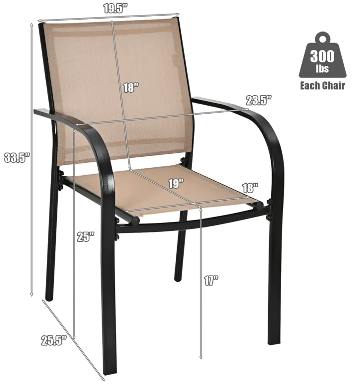 Set of 2 Patio Stackable Dining Chairs with Armrests Garden Deck-Brown