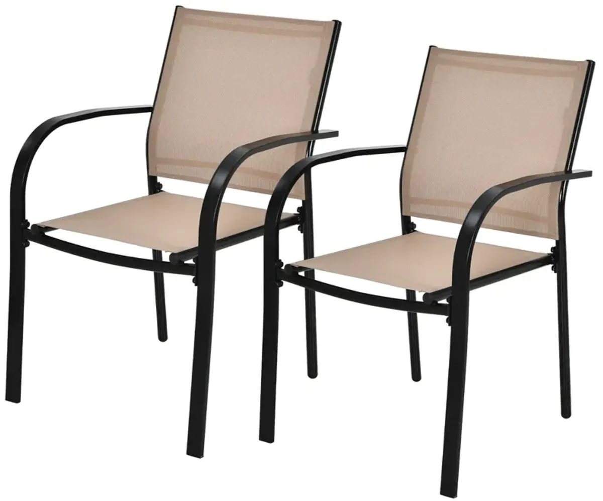 Set of 2 Patio Stackable Dining Chairs with Armrests Garden Deck-Brown